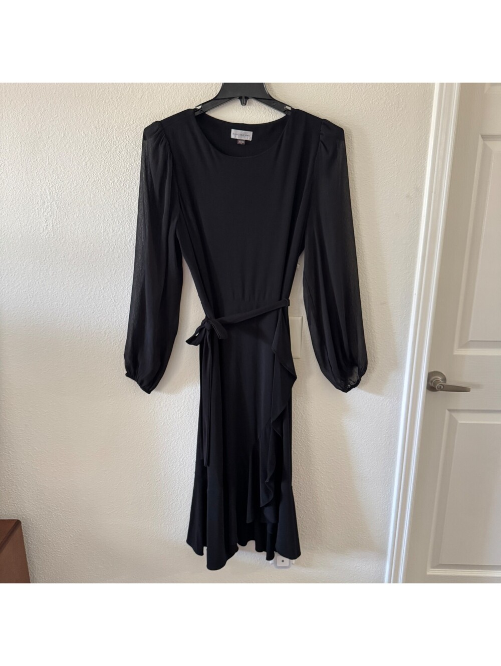 Black Chiffon Bishop Sleeve Asymmetrical Tie Midi Dress Sz 14 Goth Dark Coquette - Picture 2 of 9